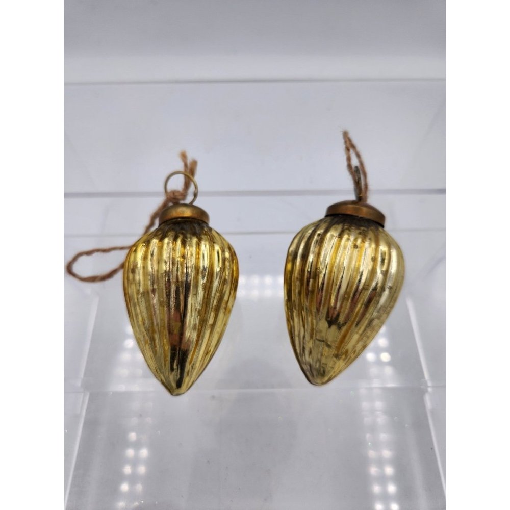 2 Vintage Kugel Style Gold Ribbed Mercury Glass Christmas Holiday Ornaments
